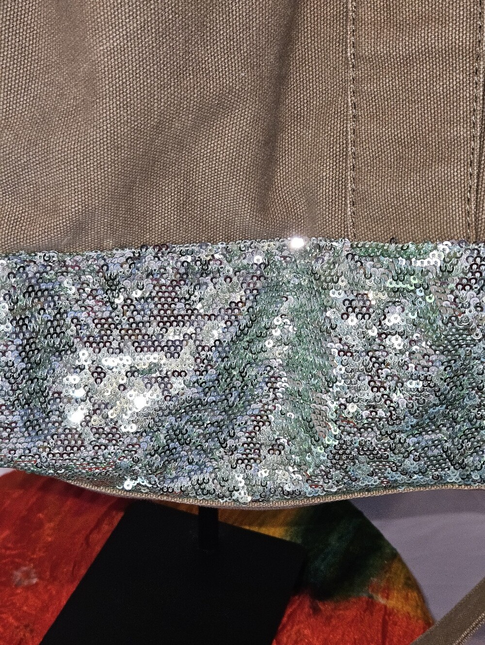 Duex Lux Women’s Taupe Canvas Tote with Green Sequin Accents - Picture 4 of 5